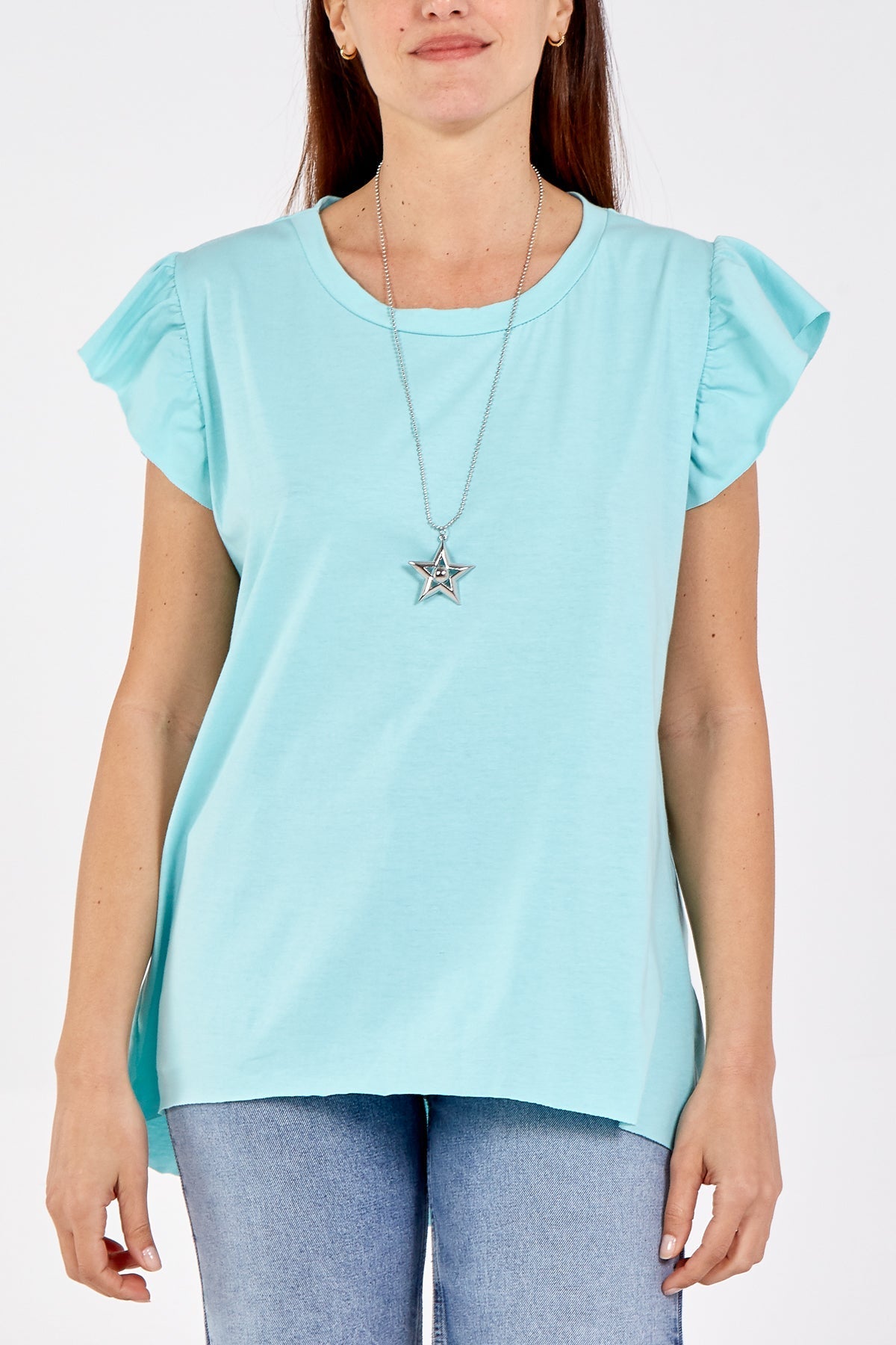 Scoop Neck Frill Sleeve Top With Necklace For Women  - Dropwear