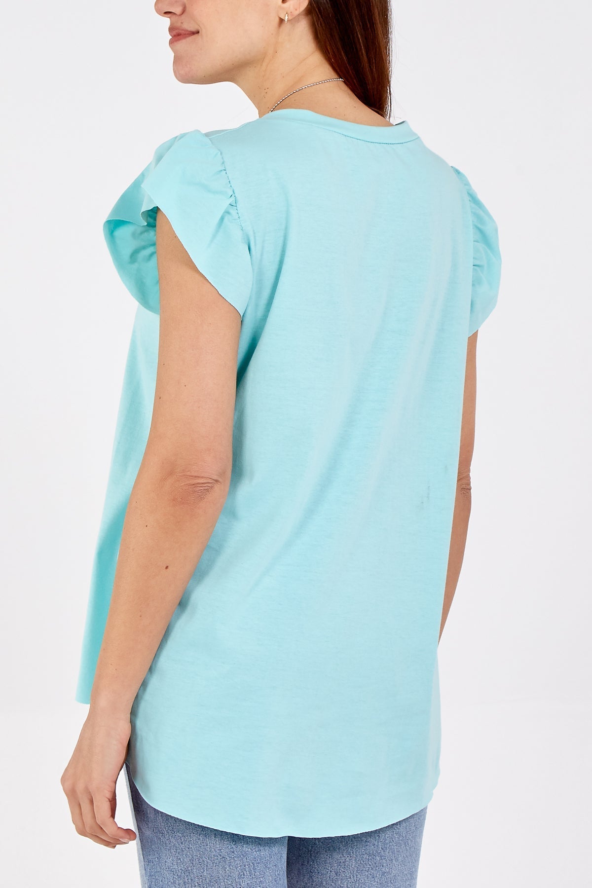 Scoop Neck Frill Sleeve Top With Necklace For Women  - Dropwear