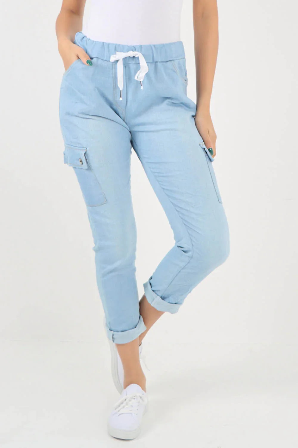 Jade Green Plus Size Italian Drawstring Waistband Magic Cargo Trouser For Women 16 - Dropwear
