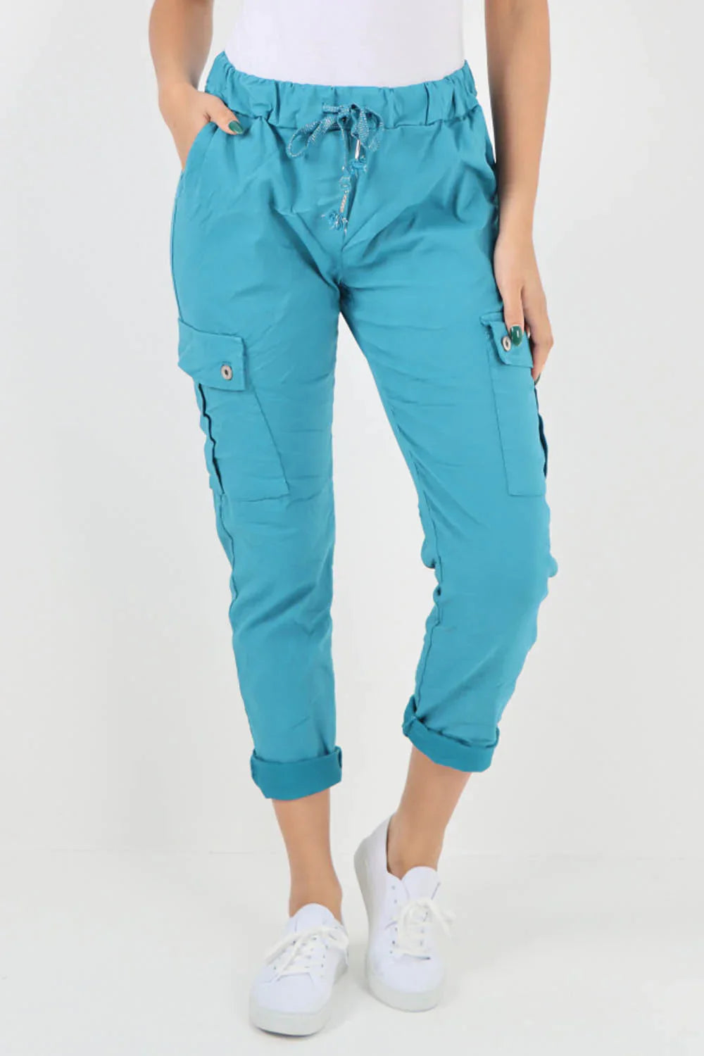 Beige Plus Size Italian Drawstring Waistband Magic Cargo Trouser For Women 18 - Dropwear