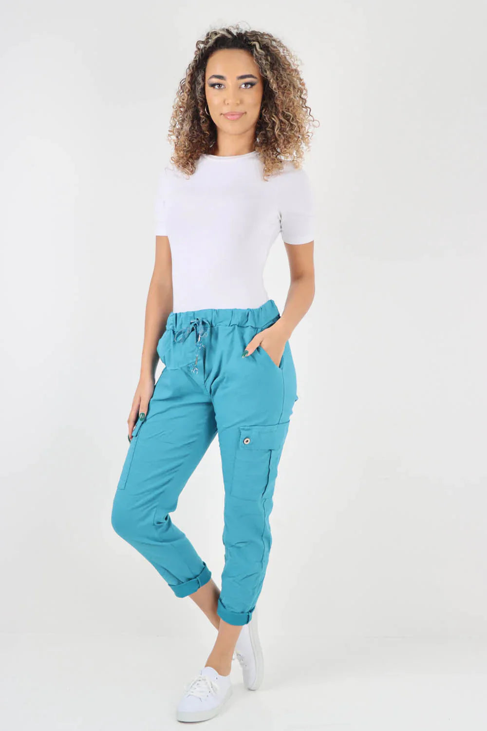 Beige Plus Size Italian Drawstring Waistband Magic Cargo Trouser For Women 22 - Dropwear