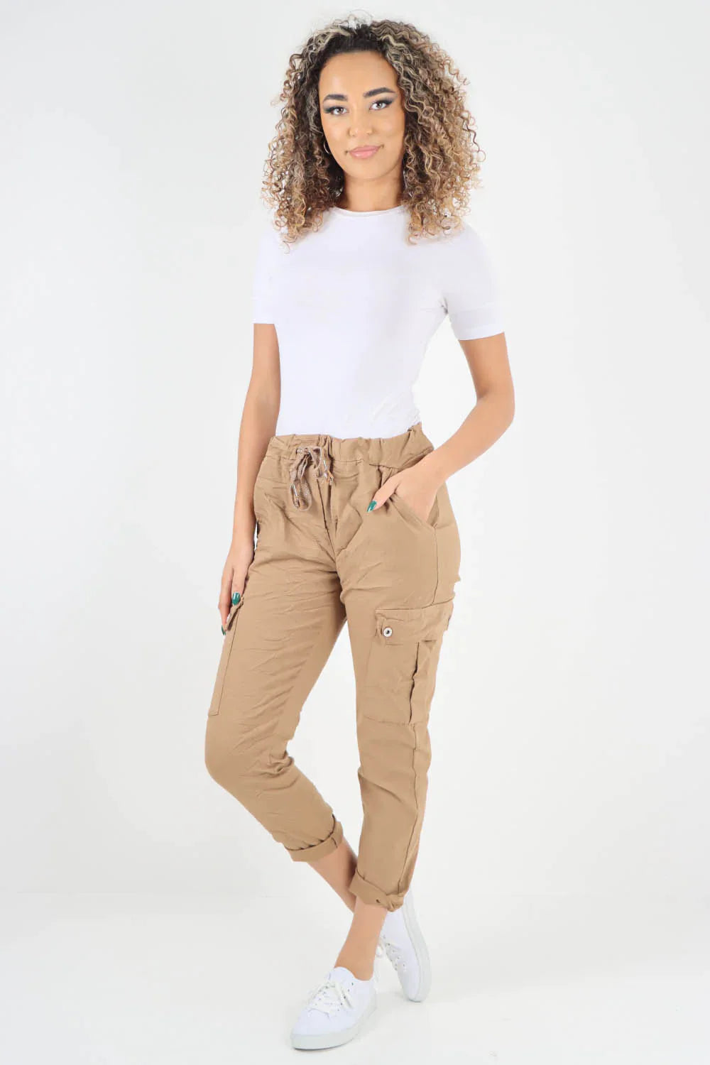 Mocha Plus Size Italian Drawstring Waistband Magic Cargo Trouser For Women 18 - Dropwear