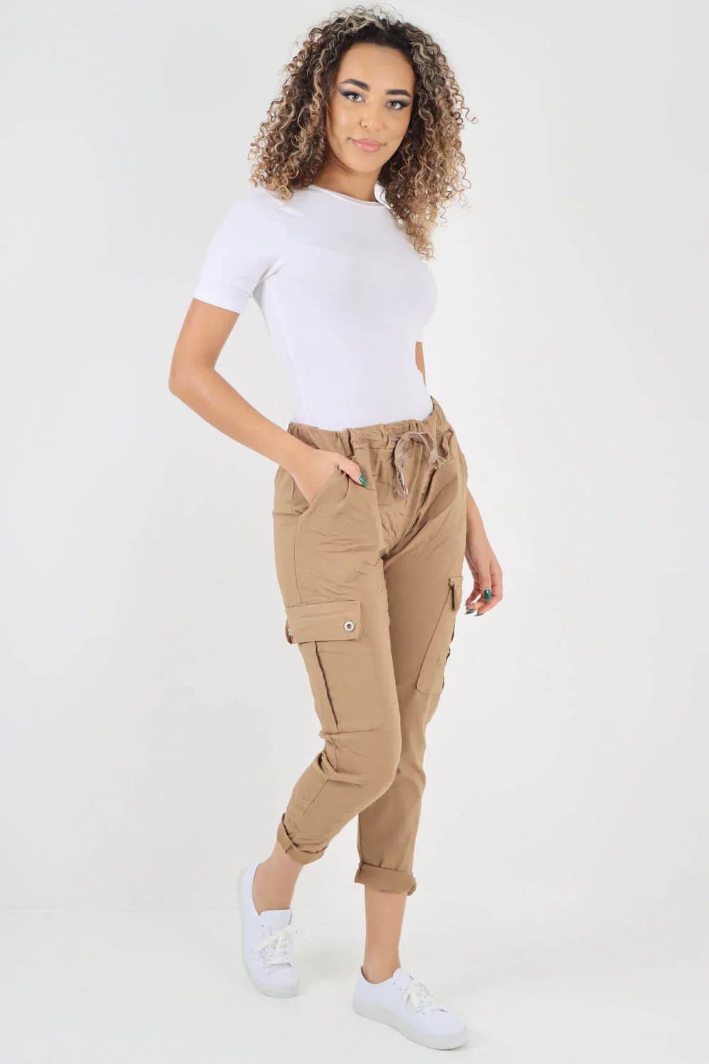 Lime Green Plus Size Italian Drawstring Waistband Magic Cargo Trouser For Women 22 - Dropwear
