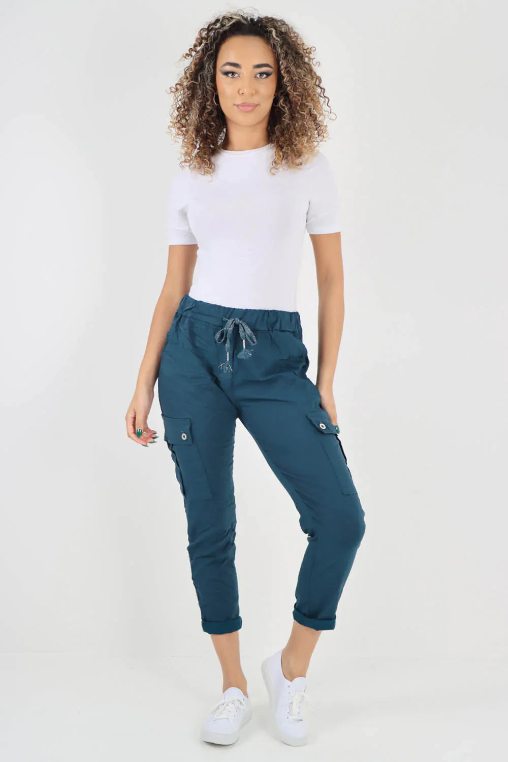 Beige Plus Size Italian Drawstring Waistband Magic Cargo Trouser For Women 16 - Dropwear
