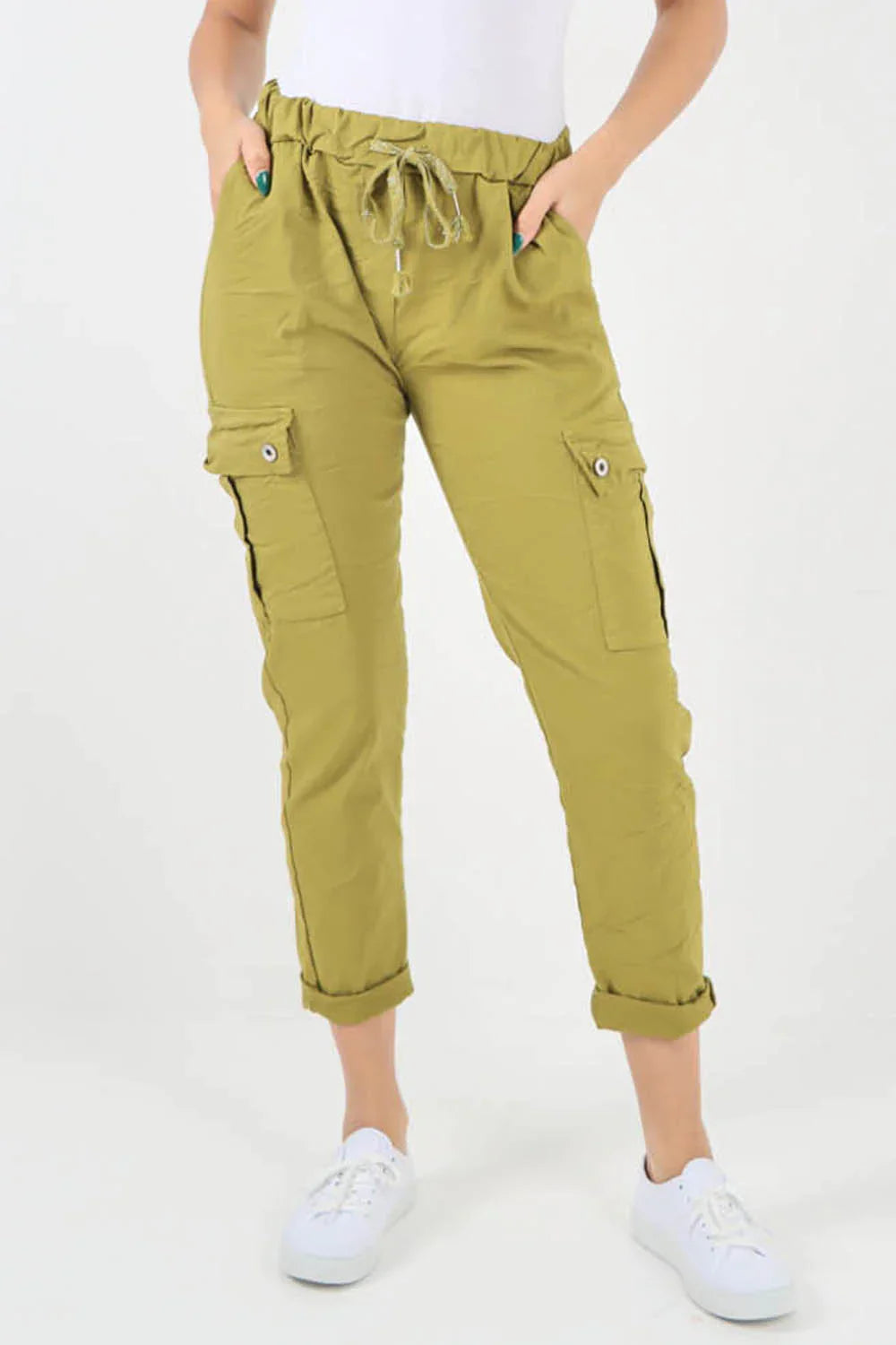 Grey Plus Size Italian Drawstring Waistband Magic Cargo Trouser For Women 22 - Dropwear