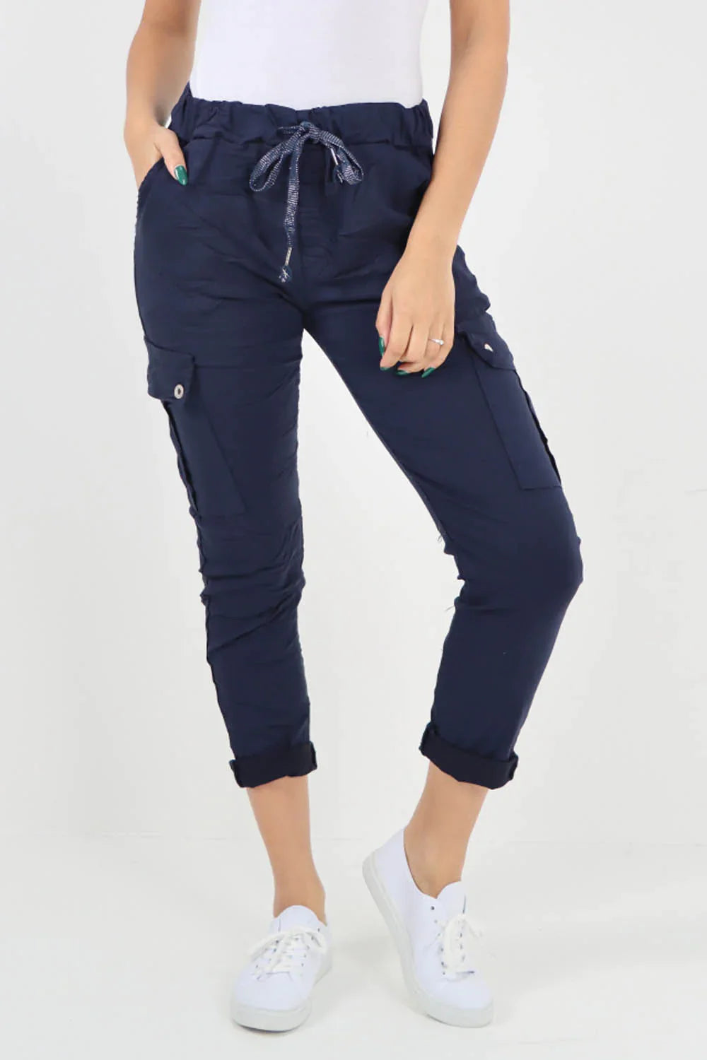 Cream Plus Size Italian Drawstring Waistband Magic Cargo Trouser For Women 16 - Dropwear