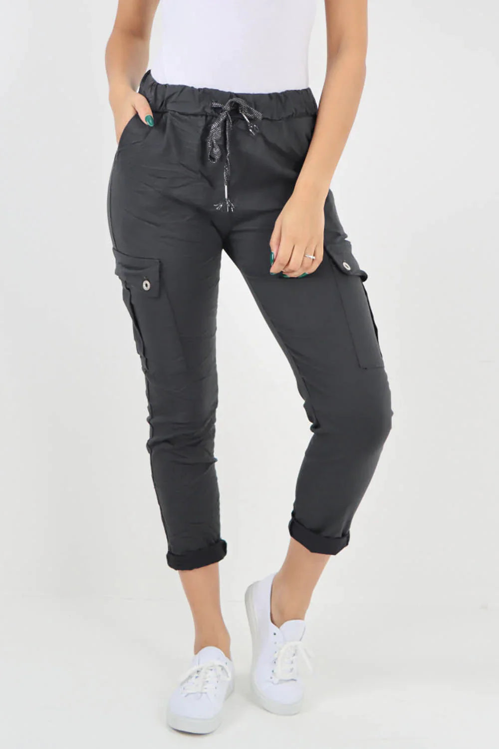 Light Denim Plus Size Italian Drawstring Waistband Magic Cargo Trouser For Women 20 - Dropwear