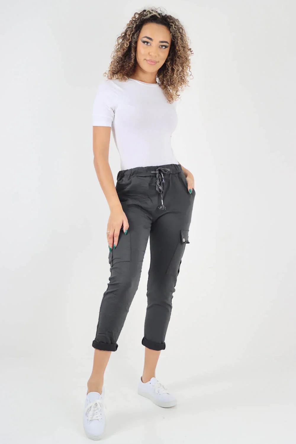 Khaki Plus Size Italian Drawstring Waistband Magic Cargo Trouser For Women 22 - Dropwear