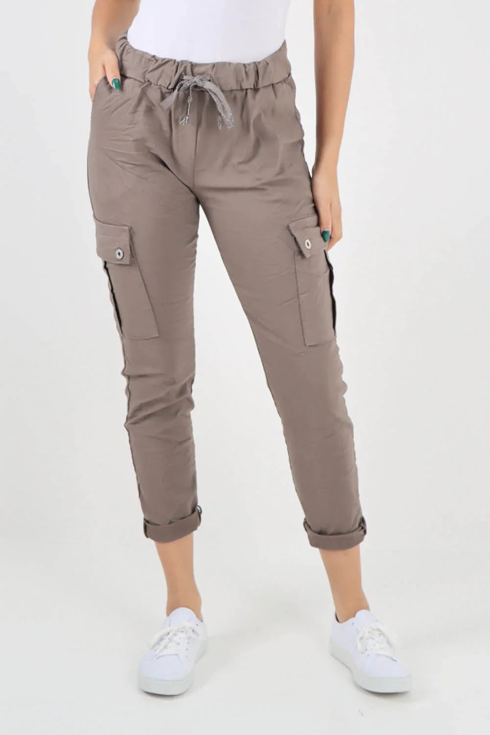 Cream Plus Size Italian Drawstring Waistband Magic Cargo Trouser For Women 18 - Dropwear