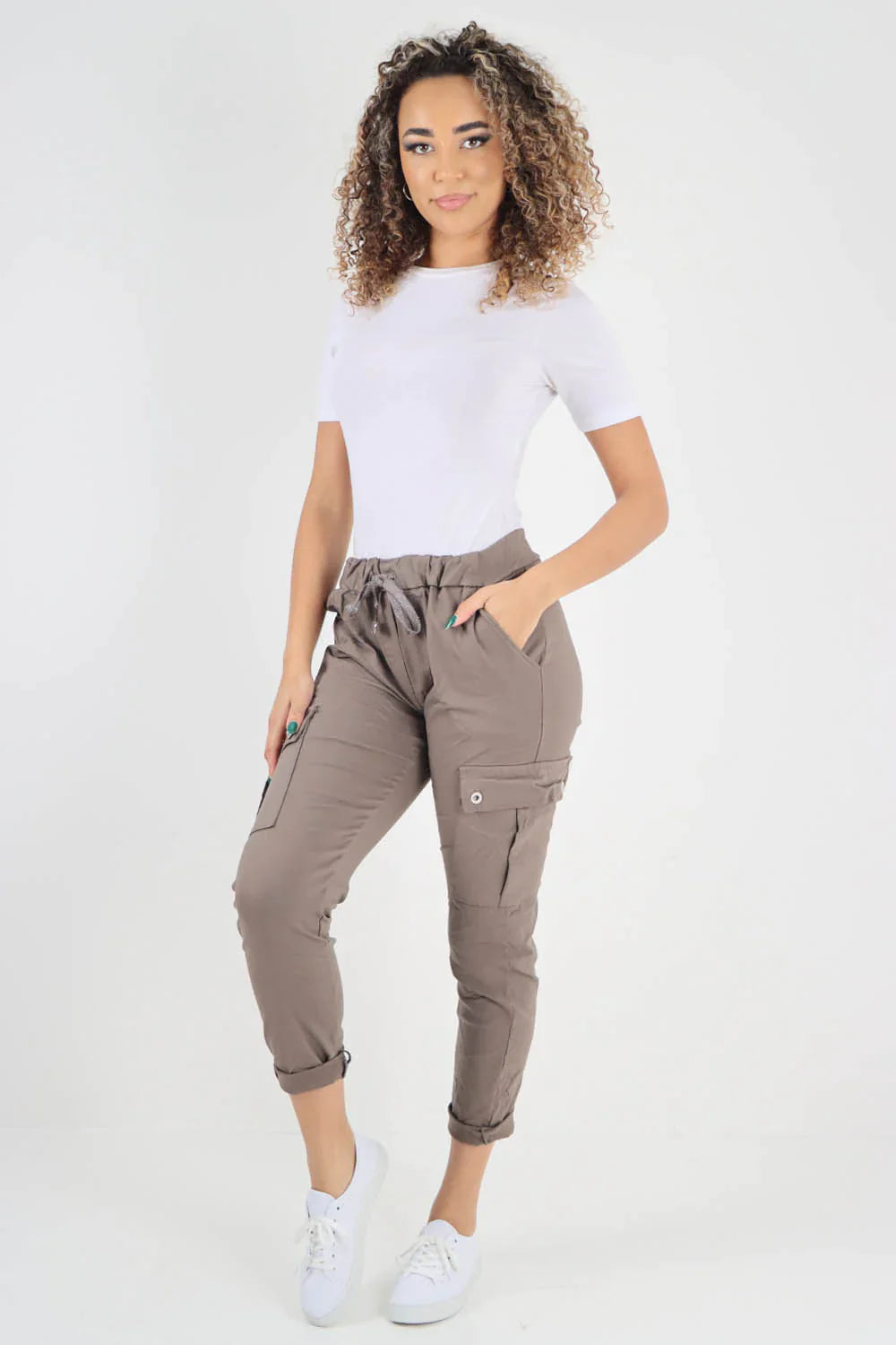 Cream Plus Size Italian Drawstring Waistband Magic Cargo Trouser For Women 22 - Dropwear
