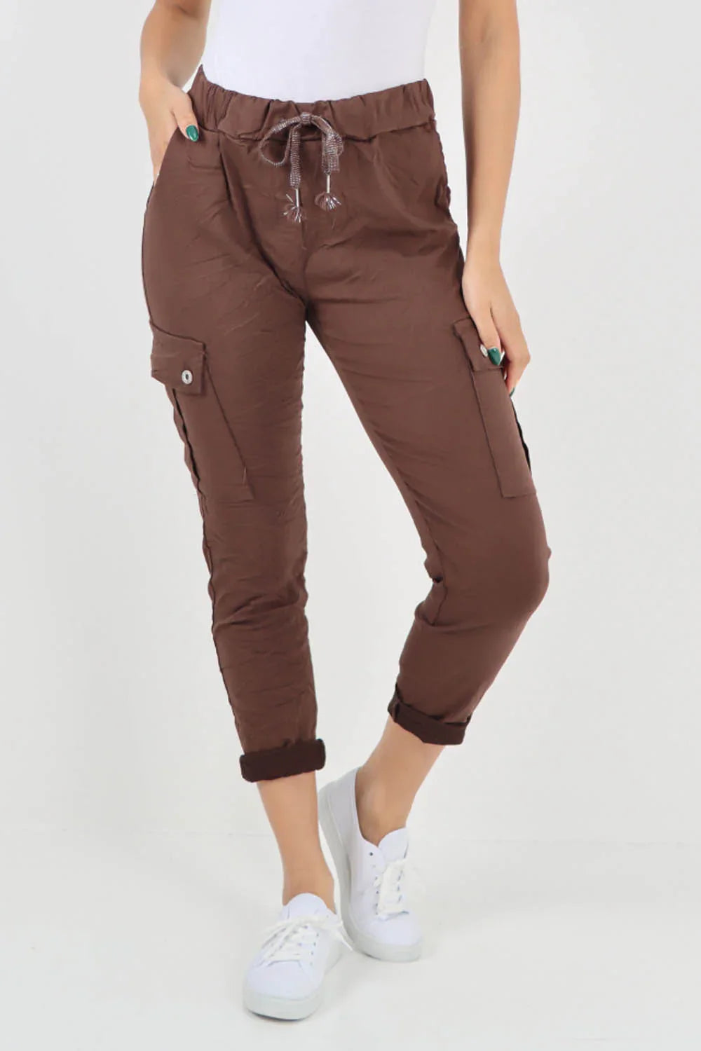 Lime Green Plus Size Italian Drawstring Waistband Magic Cargo Trouser For Women 20 - Dropwear