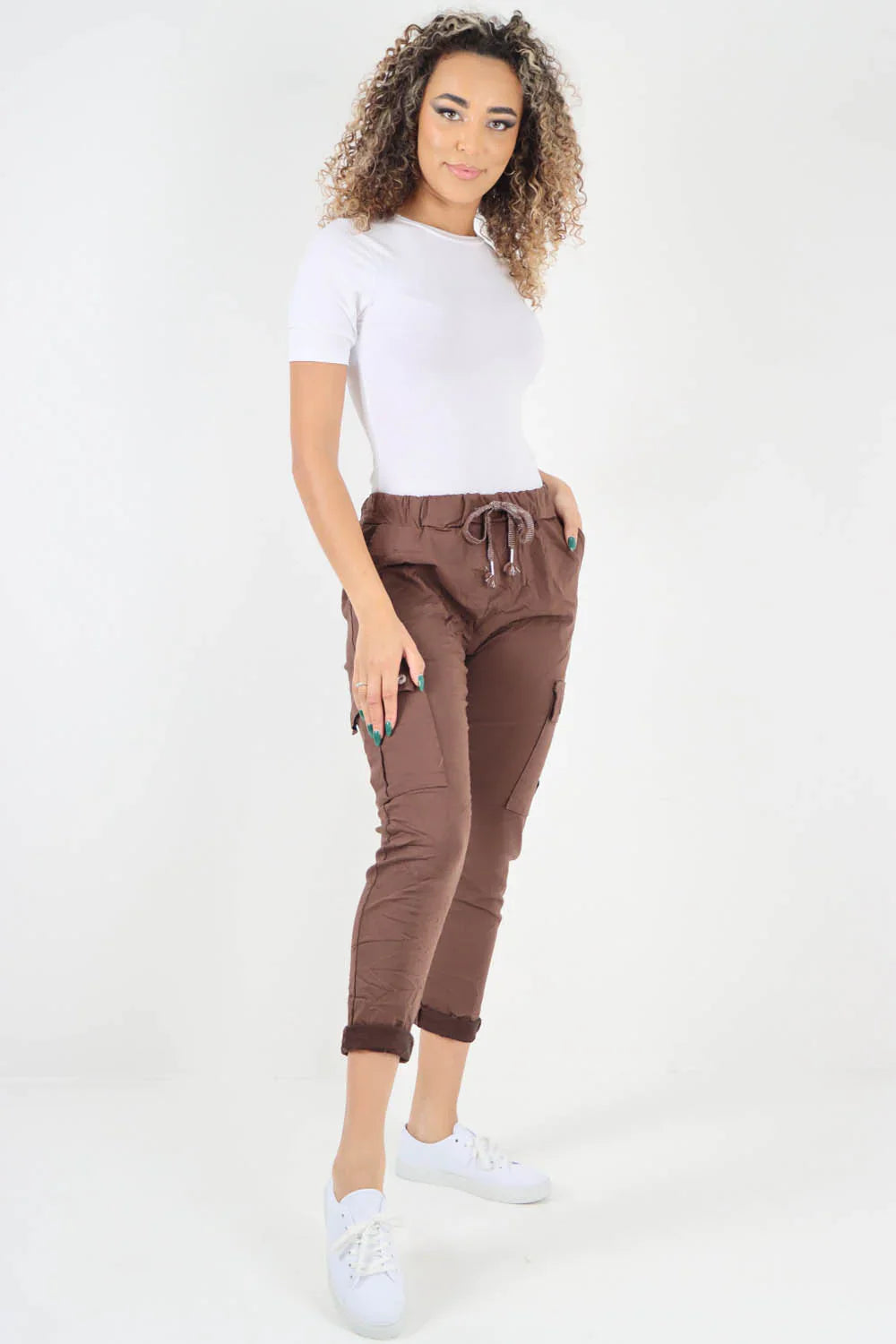 Light Denim Plus Size Italian Drawstring Waistband Magic Cargo Trouser For Women 18 - Dropwear