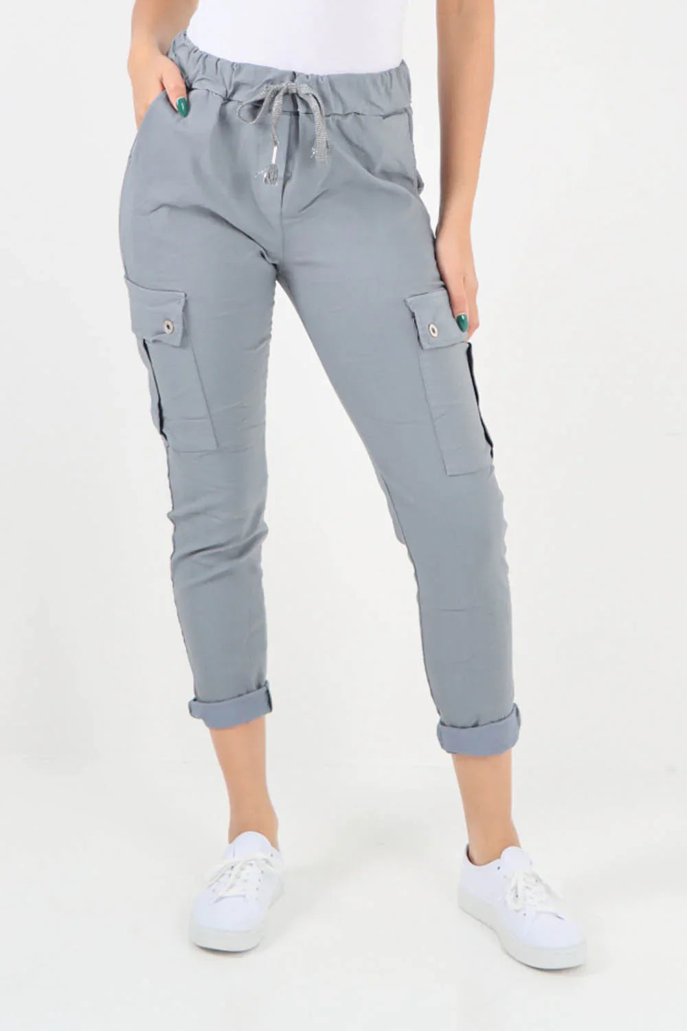 Khaki Plus Size Italian Drawstring Waistband Magic Cargo Trouser For Women 20 - Dropwear