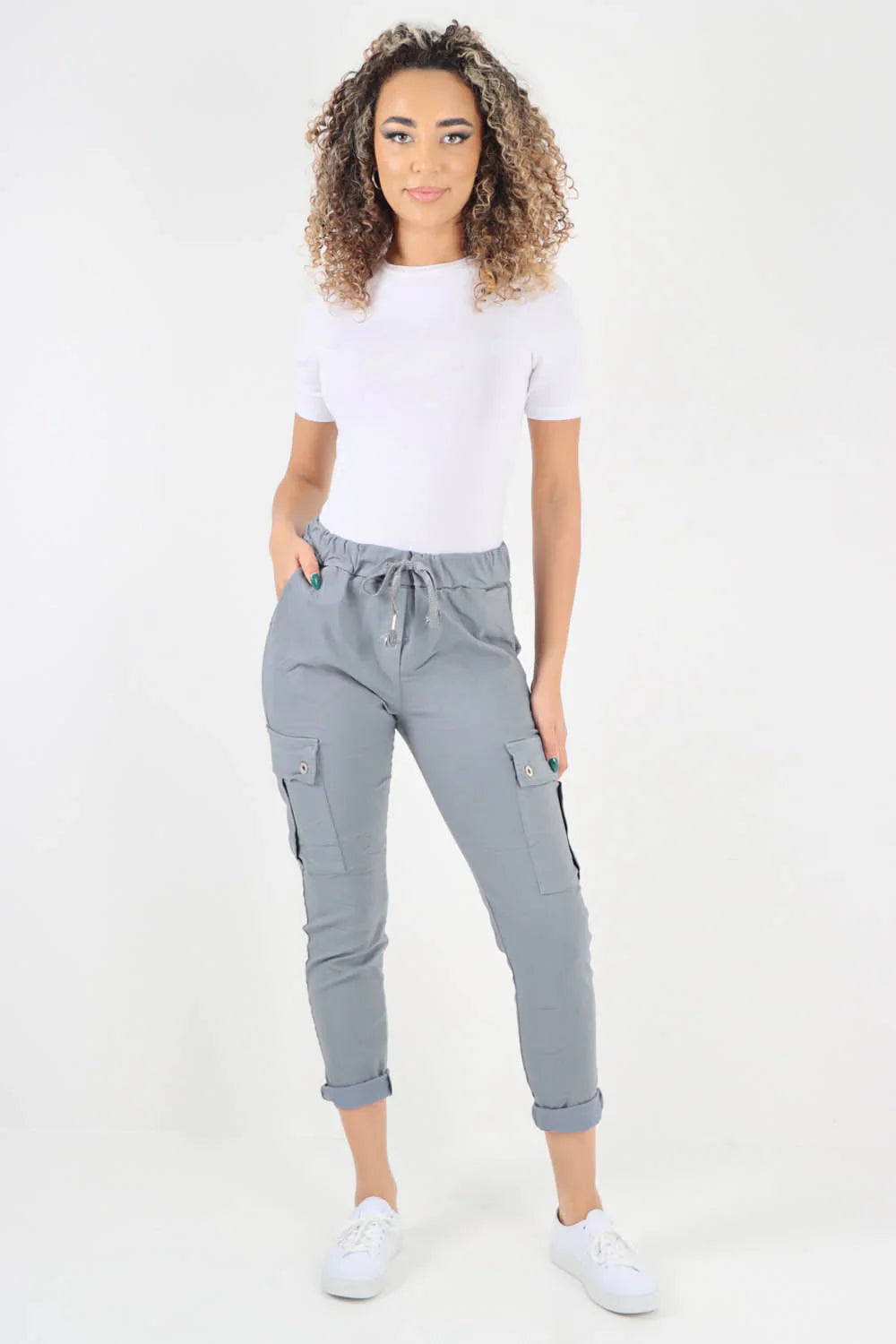 Khaki Plus Size Italian Drawstring Waistband Magic Cargo Trouser For Women 18 - Dropwear