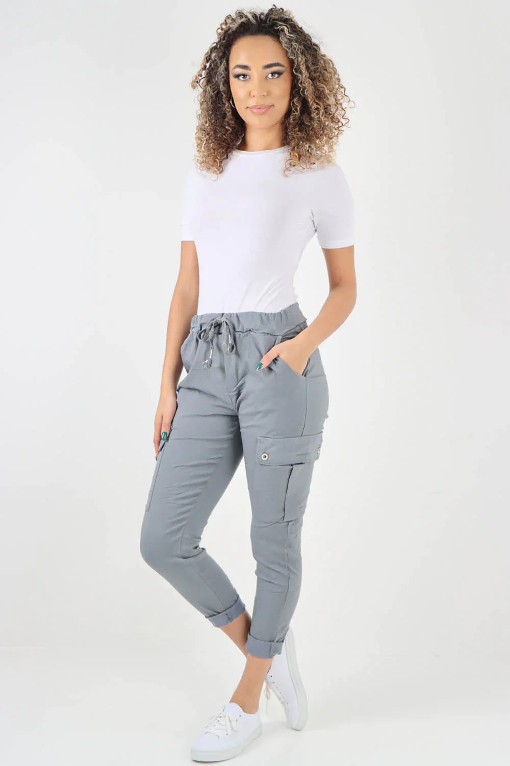 Khaki Plus Size Italian Drawstring Waistband Magic Cargo Trouser For Women 16 - Dropwear