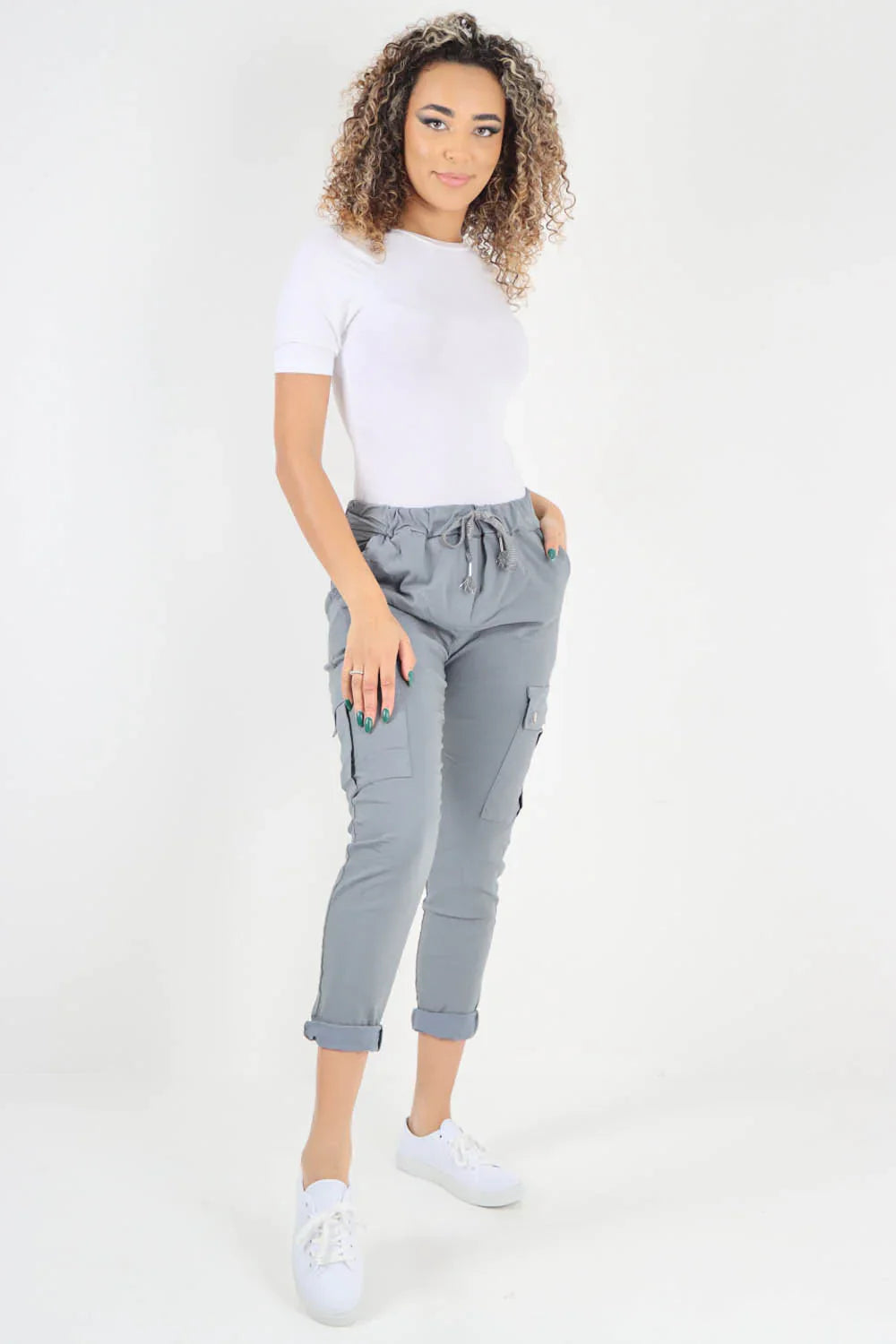 Jade Green Plus Size Italian Drawstring Waistband Magic Cargo Trouser For Women 20 - Dropwear