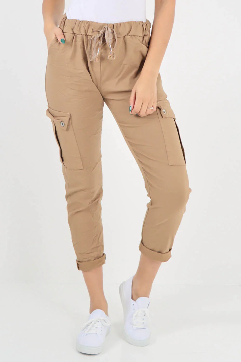 Jade Green Plus Size Italian Drawstring Waistband Magic Cargo Trouser For Women 18 - Dropwear