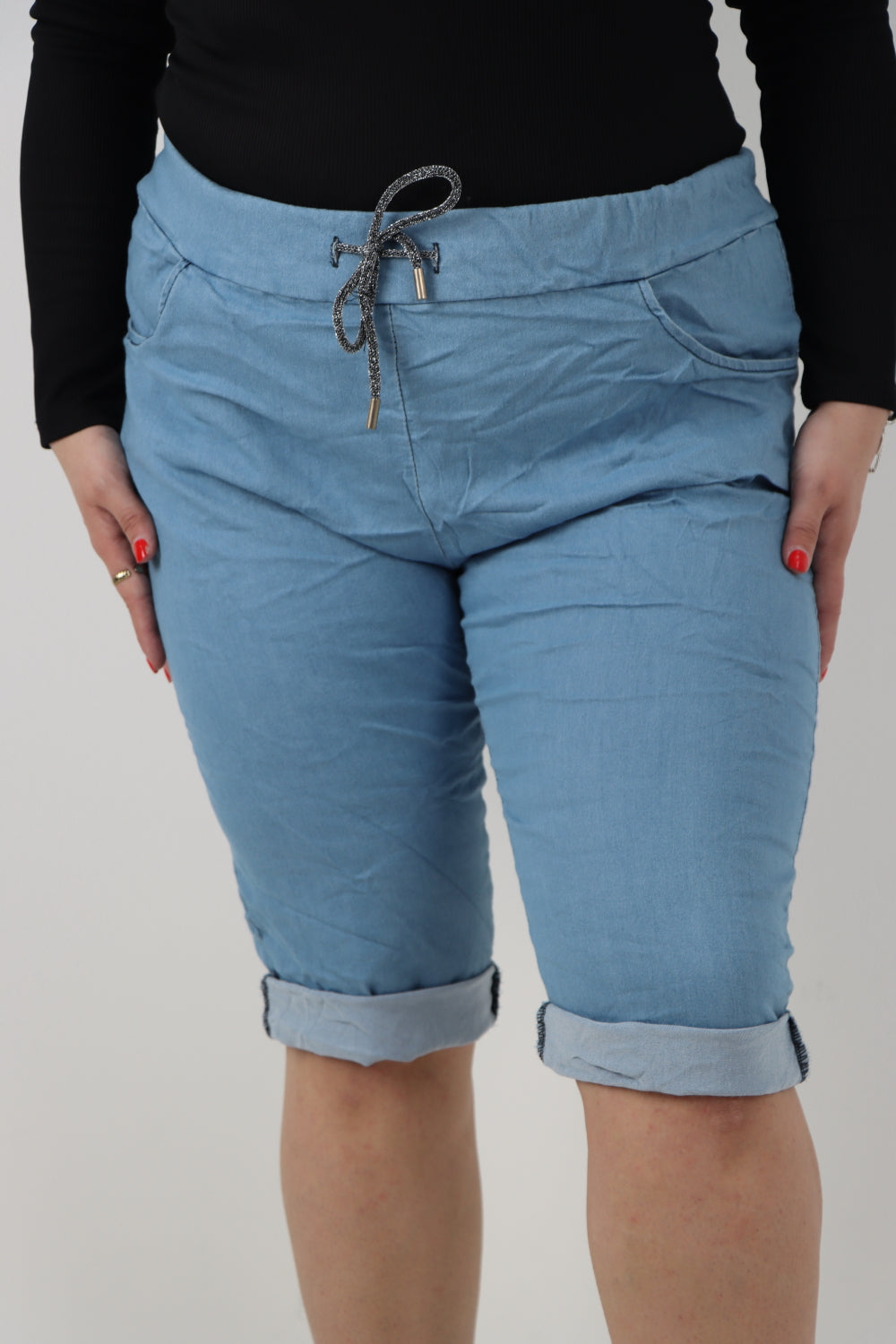 Dark Denim Women Denim Italian Shorts Drawstring For Women 16 - Dropwear