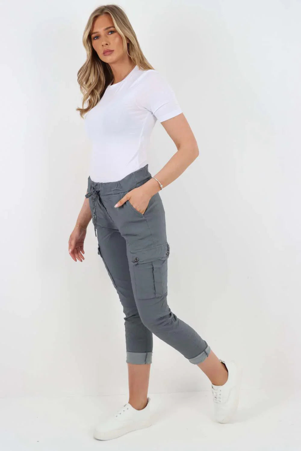 Plus Size Italian Drawstring Waistband Magic Cargo Trouser For Women  - Dropwear