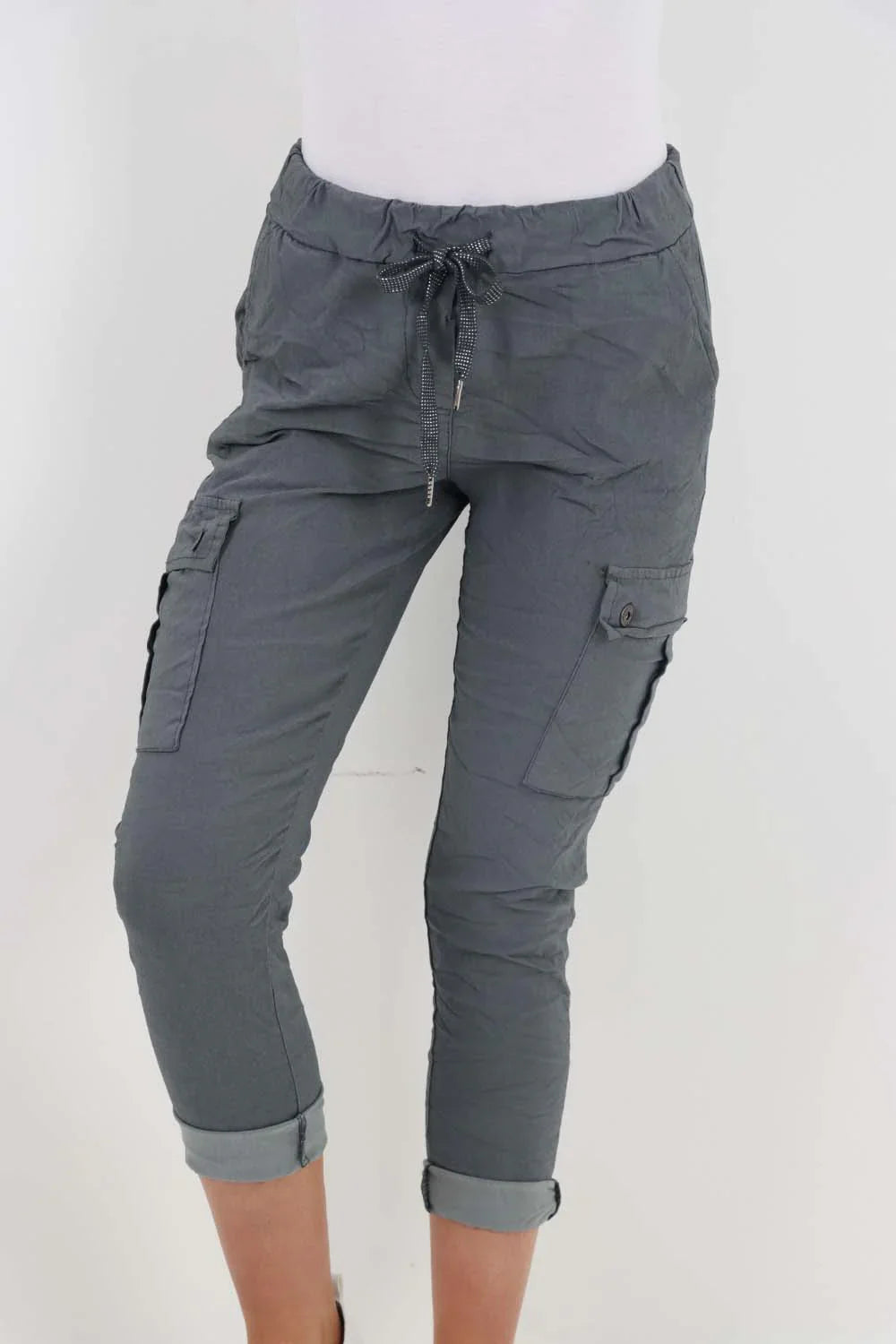 Chocolate Brown Italian Drawstring Waistband Magic Cargo Trouser For Women 14 - Dropwear