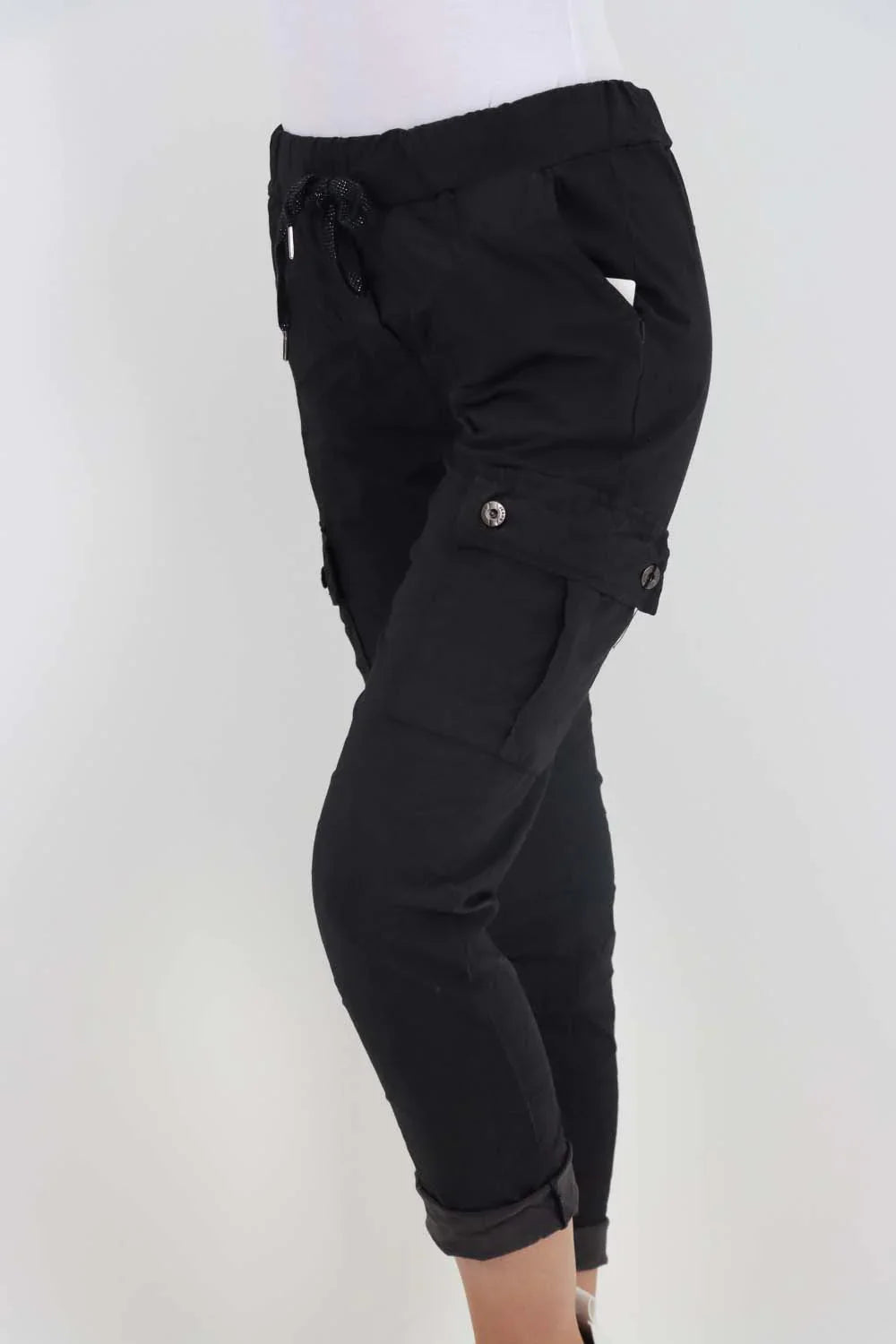 Charcoal Italian Drawstring Waistband Magic Cargo Trouser For Women 12 - Dropwear