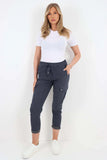 Sky Blue Plus Size Italian Drawstring Waistband Magic Cargo Trouser For Women 22 - Dropwear