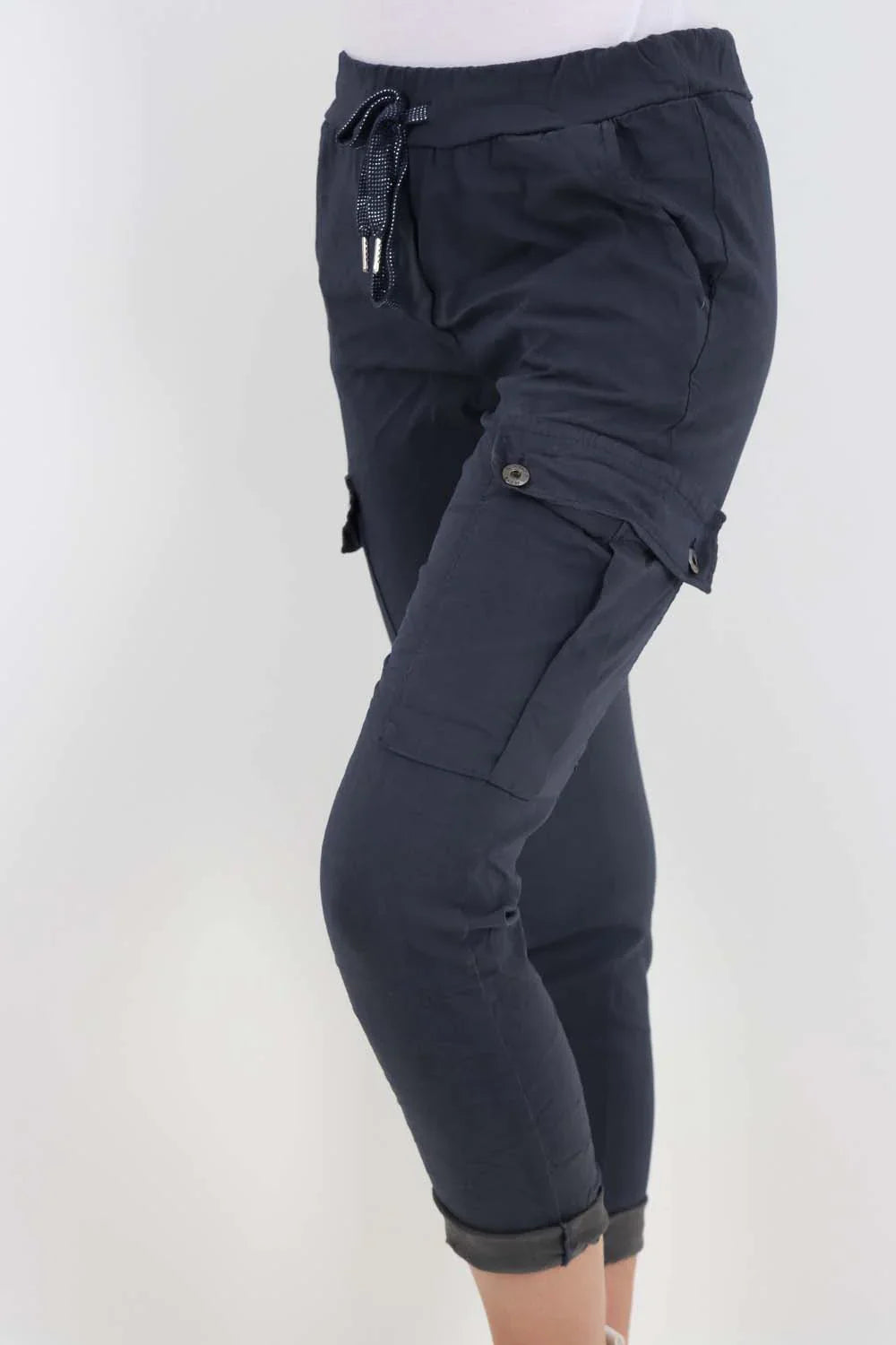 Sky Blue Plus Size Italian Drawstring Waistband Magic Cargo Trouser For Women 16 - Dropwear
