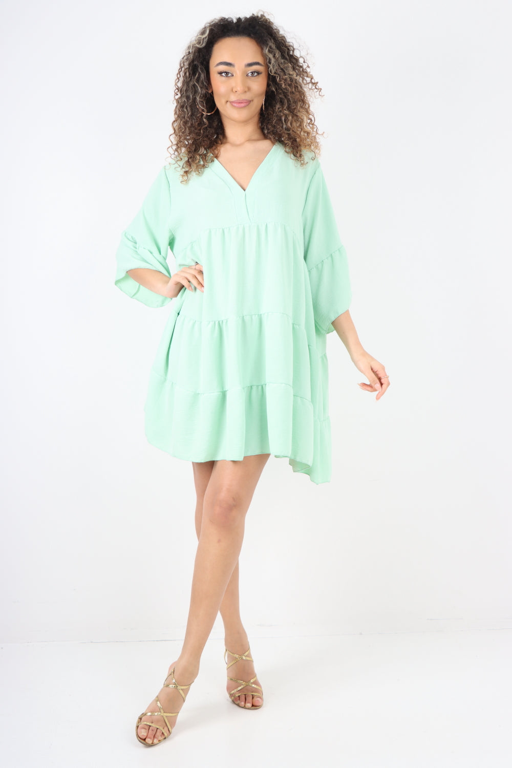 Italian Deep V - Neck Tiered Short Sleeve Smock Dress For Women  - Dropwear