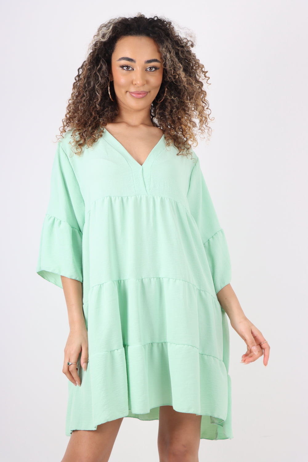 Italian Deep V - Neck Tiered Short Sleeve Smock Dress For Women  - Dropwear
