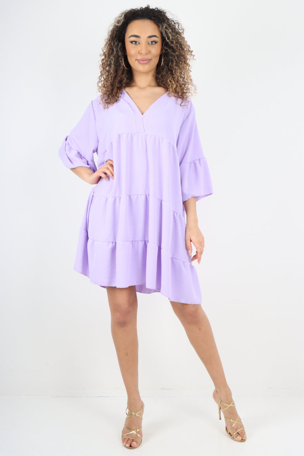 Italian Deep V - Neck Tiered Short Sleeve Smock Dress For Women  - Dropwear