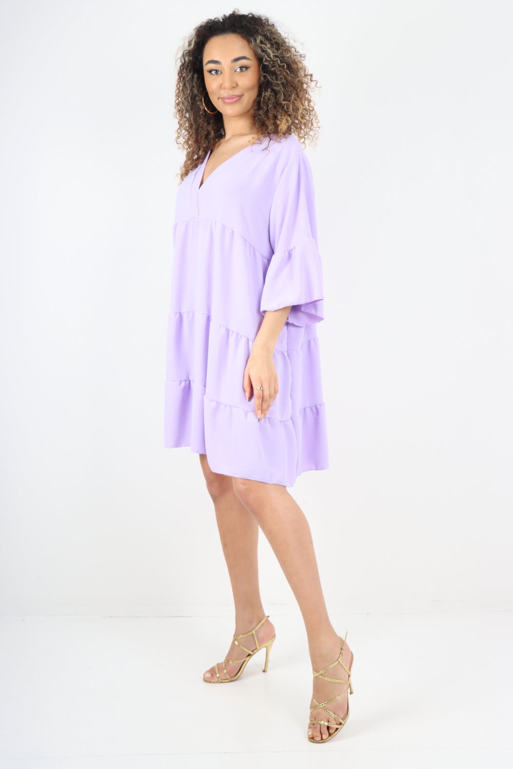 Italian Deep V - Neck Tiered Short Sleeve Smock Dress For Women  - Dropwear