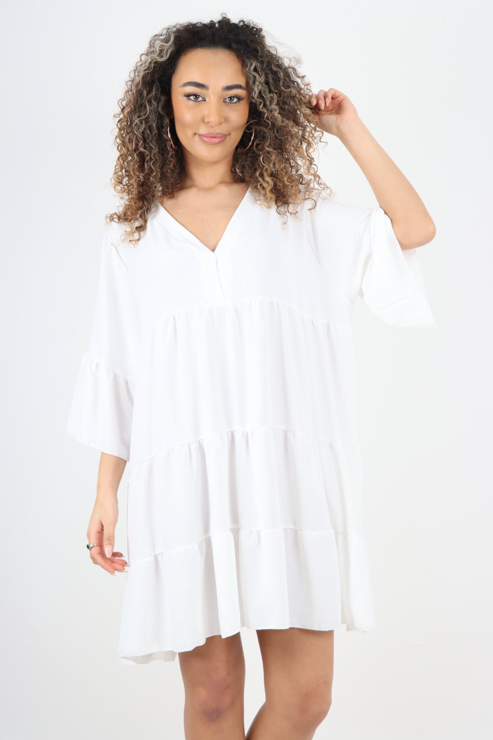 Italian Deep V - Neck Tiered Short Sleeve Smock Dress For Women  - Dropwear