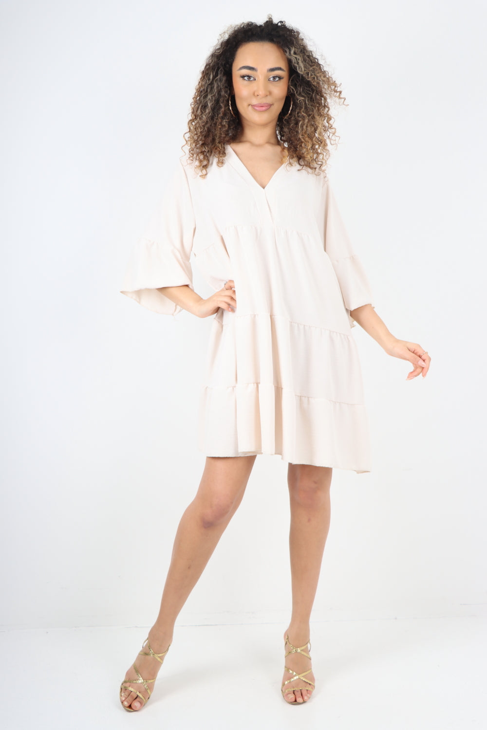 Lilac Italian Deep V - Neck Tiered Short Sleeve Smock Dress For Women ONE SIZE TO FIT UK 8-20 - Dropwear