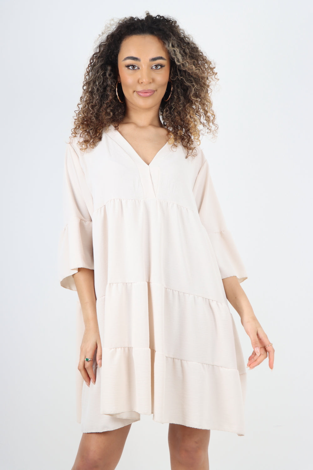 Mocha Italian Deep V - Neck Tiered Short Sleeve Smock Dress For Women ONE SIZE TO FIT UK 8-20 - Dropwear