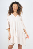 Mocha Italian Deep V - Neck Tiered Short Sleeve Smock Dress For Women ONE SIZE TO FIT UK 8-20 - Dropwear