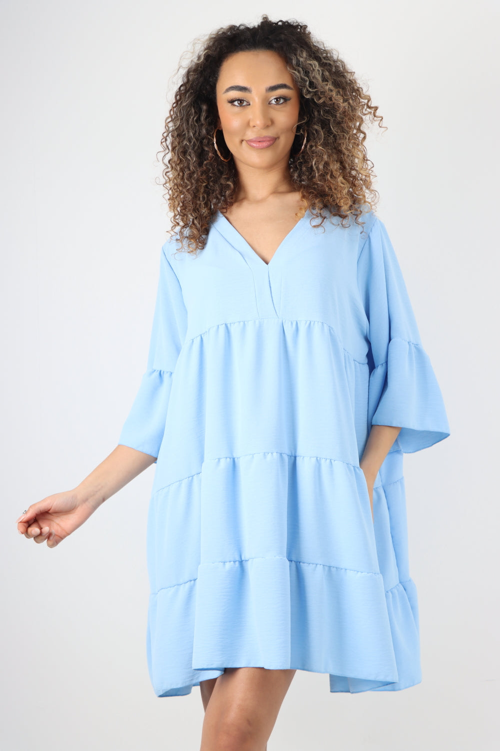 Fuchsia Italian Deep V - Neck Tiered Short Sleeve Smock Dress For Women ONE SIZE TO FIT UK 8-20 - Dropwear