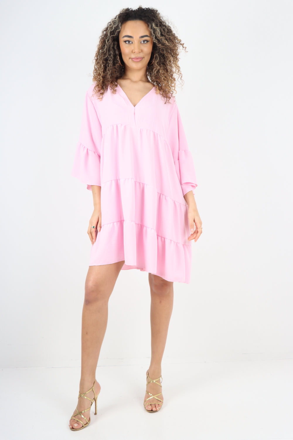 Italian Deep V - Neck Tiered Short Sleeve Smock Dress For Women  - Dropwear