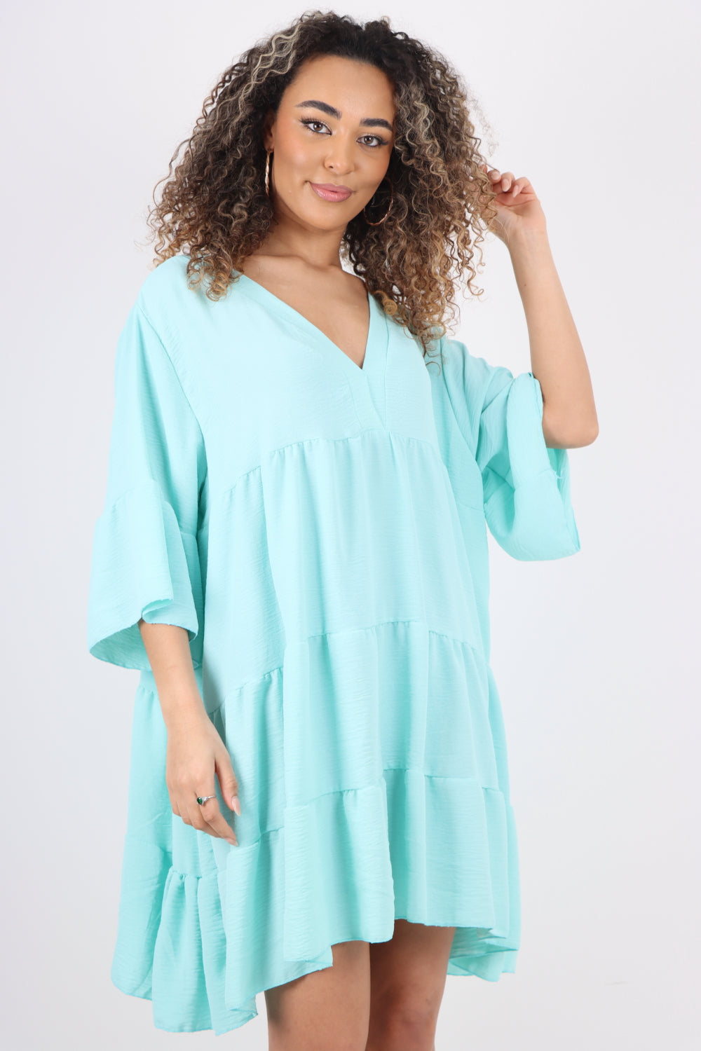 Italian Deep V - Neck Tiered Short Sleeve Smock Dress For Women  - Dropwear