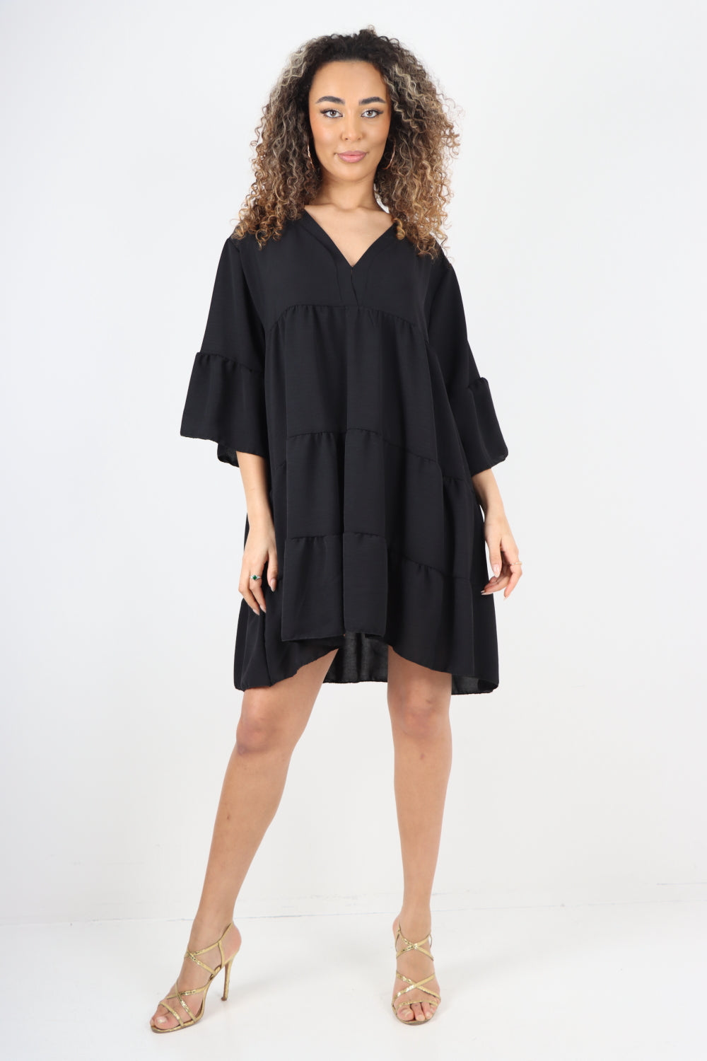 Italian Deep V - Neck Tiered Short Sleeve Smock Dress For Women  - Dropwear