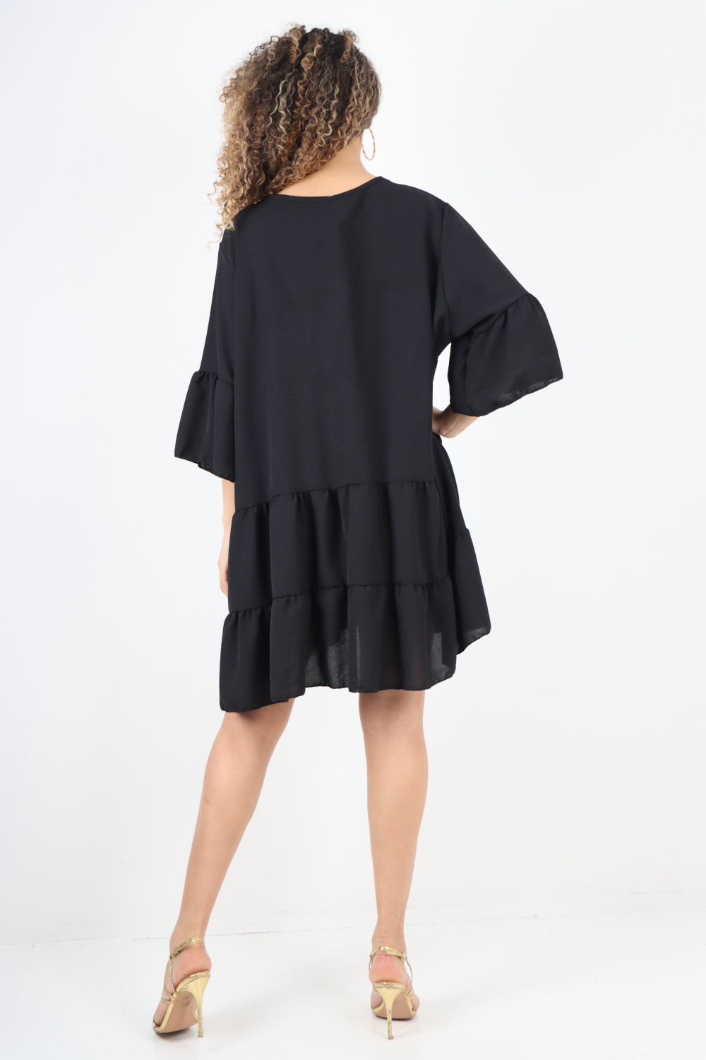 Italian Deep V - Neck Tiered Short Sleeve Smock Dress For Women  - Dropwear