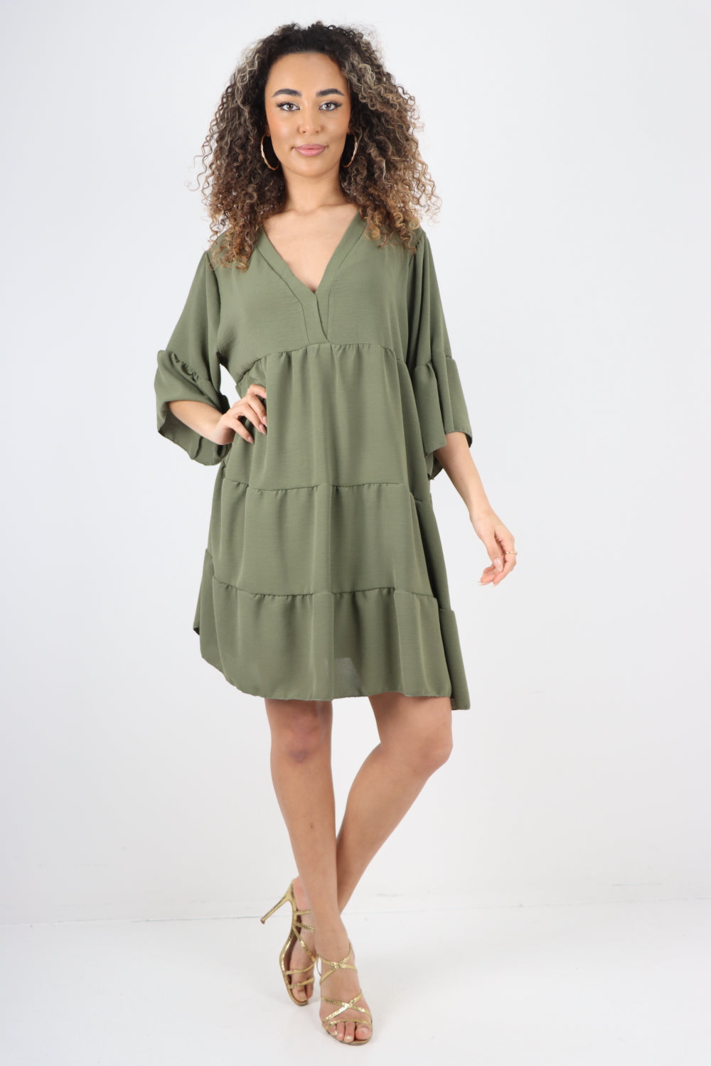 Italian Deep V - Neck Tiered Short Sleeve Smock Dress For Women  - Dropwear