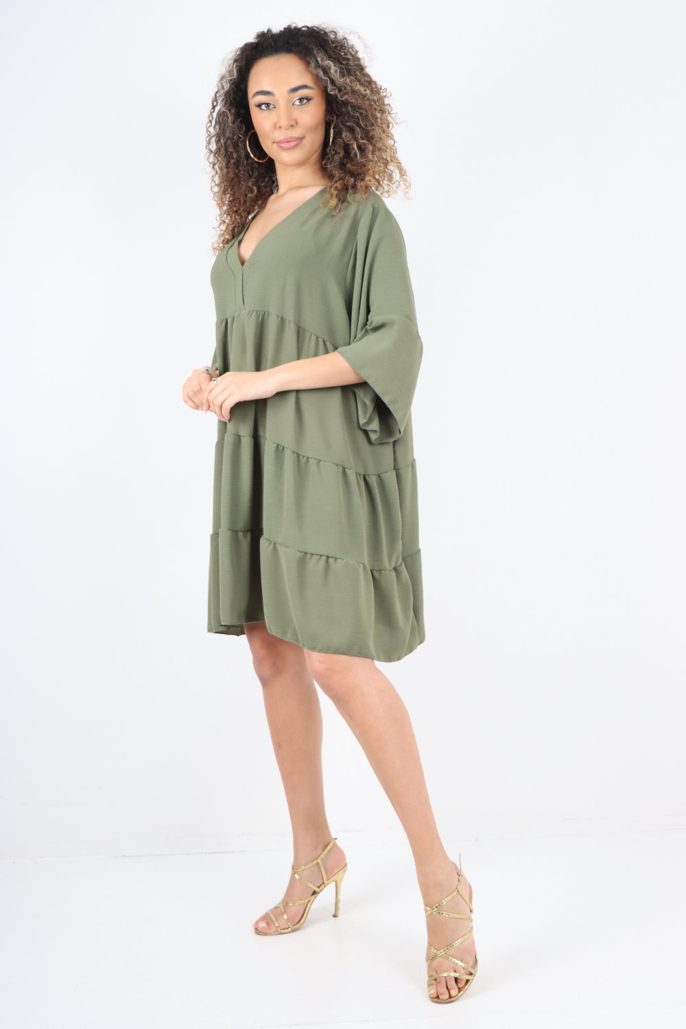 Italian Deep V - Neck Tiered Short Sleeve Smock Dress For Women  - Dropwear