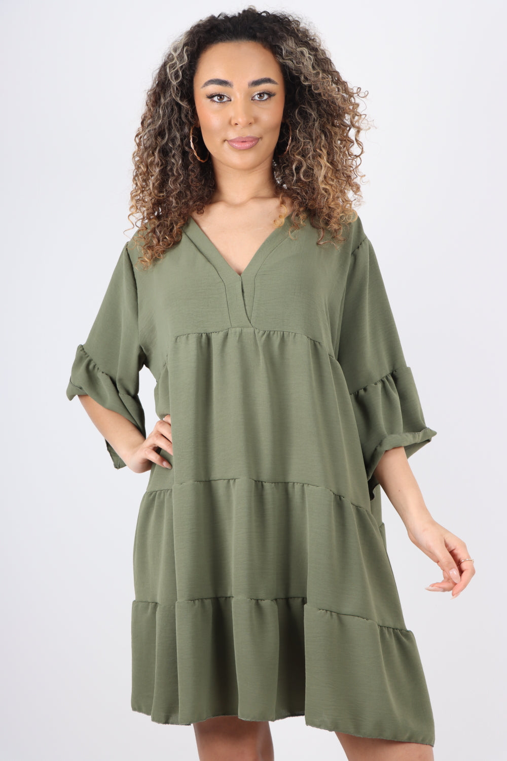 Italian Deep V - Neck Tiered Short Sleeve Smock Dress For Women  - Dropwear