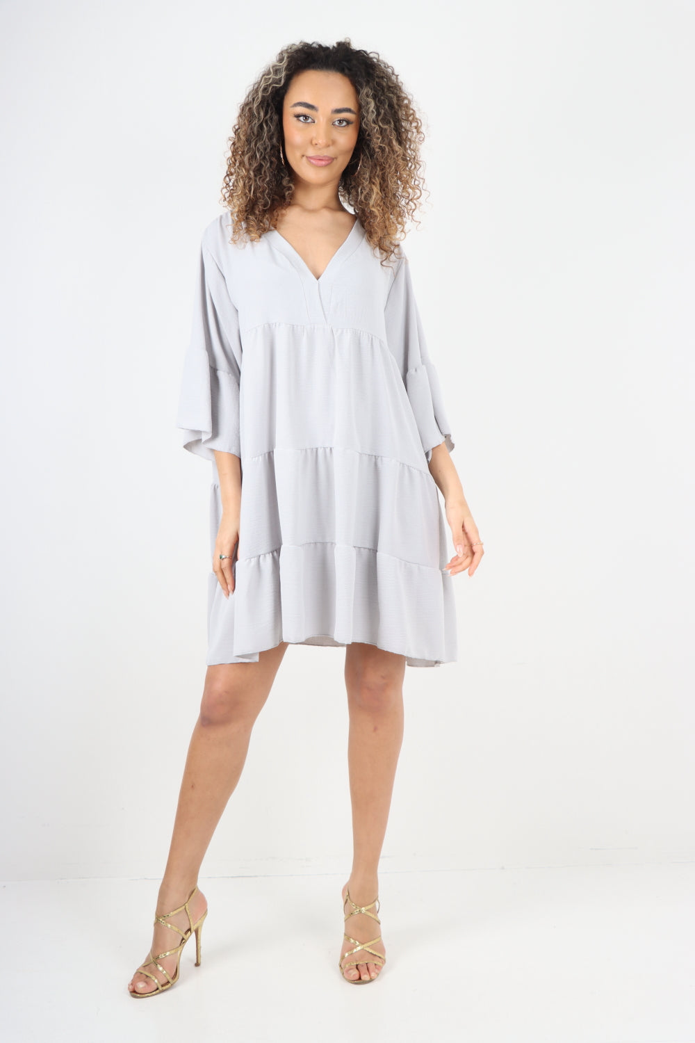 Italian Deep V - Neck Tiered Short Sleeve Smock Dress For Women  - Dropwear