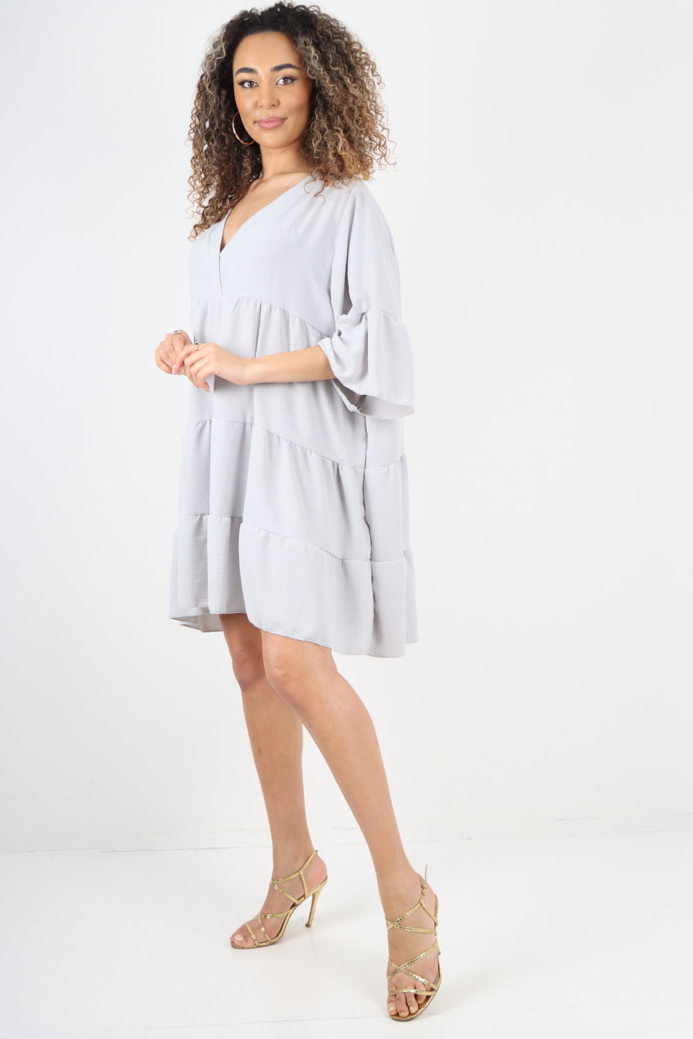 Italian Deep V - Neck Tiered Short Sleeve Smock Dress For Women  - Dropwear