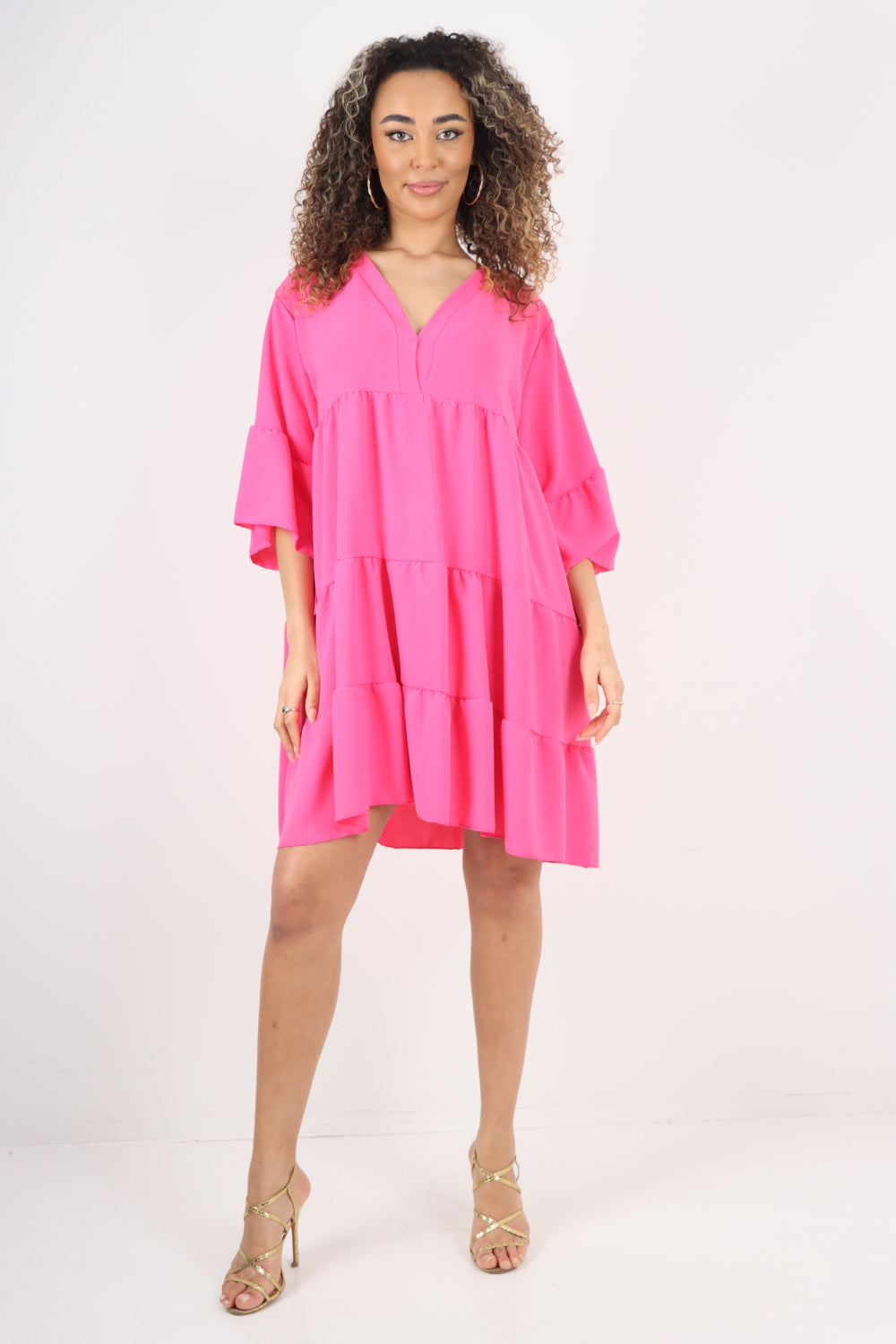 Italian Deep V - Neck Tiered Short Sleeve Smock Dress For Women  - Dropwear