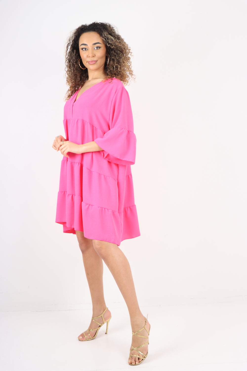 Italian Deep V - Neck Tiered Short Sleeve Smock Dress For Women  - Dropwear