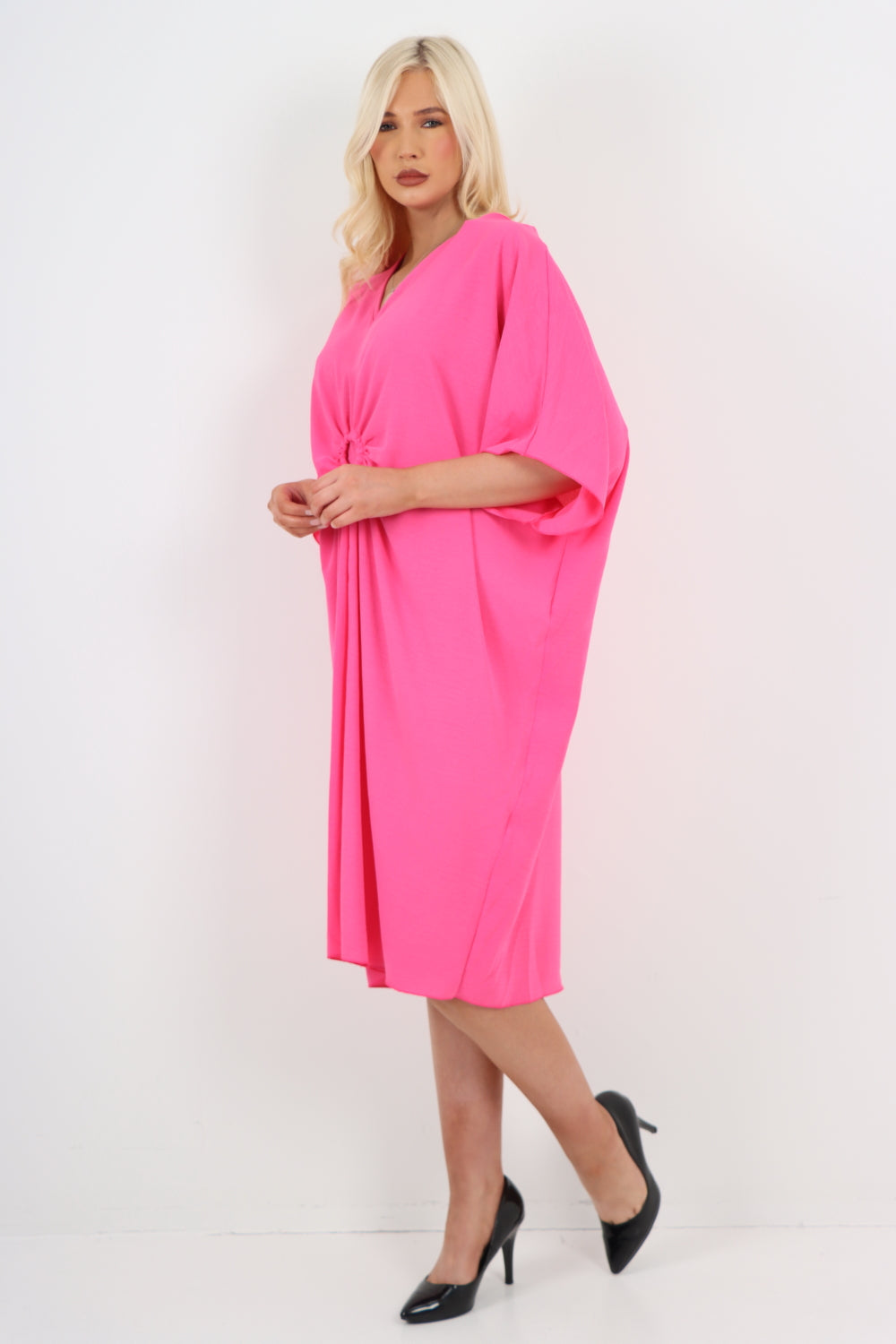 White Italian Oversized V Neck Ring Detail Kaftan Dress For Women ONE SIZE FITS UK (10-22) - Dropwear