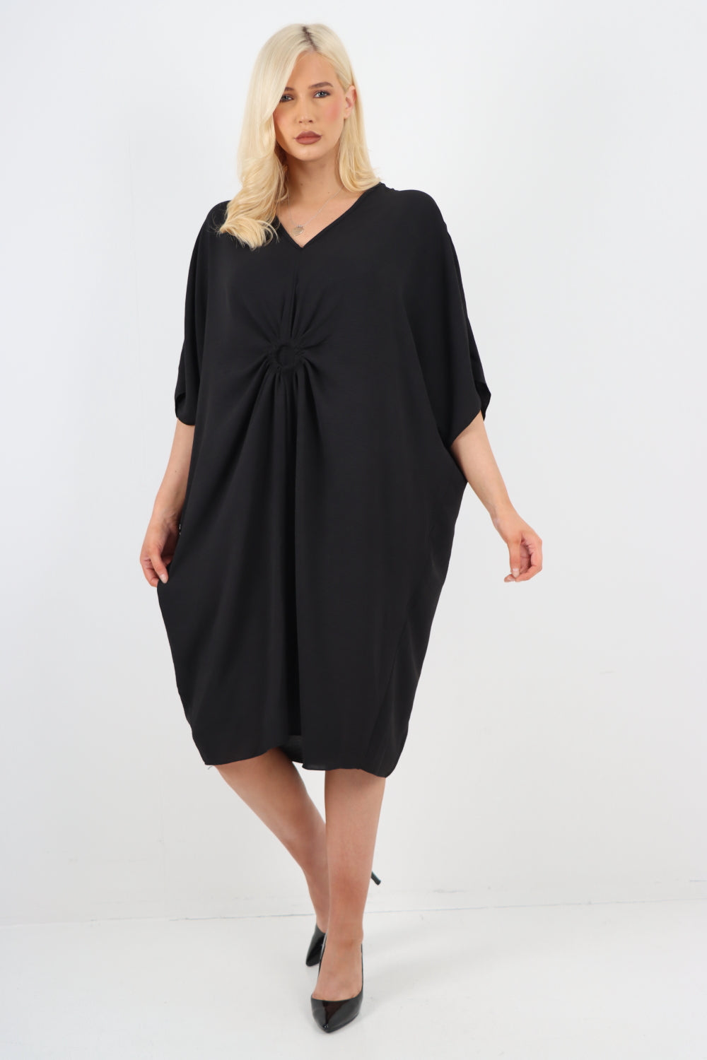 Navy Italian Oversized V Neck Ring Detail Kaftan Dress For Women ONE SIZE FITS UK (10-22) - Dropwear