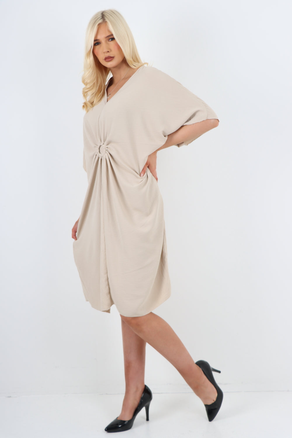 Khaki Italian Oversized V Neck Ring Detail Kaftan Dress For Women ONE SIZE FITS UK (10-22) - Dropwear